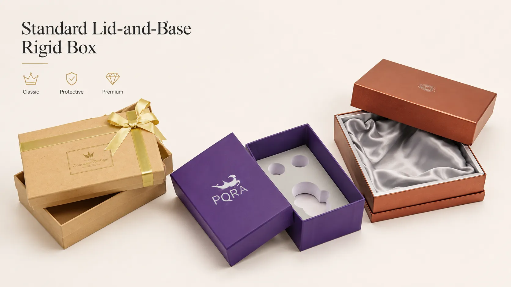 Finished custom lid‑and‑base rigid box collection with ribbon, foam insert and satin lining, premium gift packaging samples by Crown Win Box Manufacturer