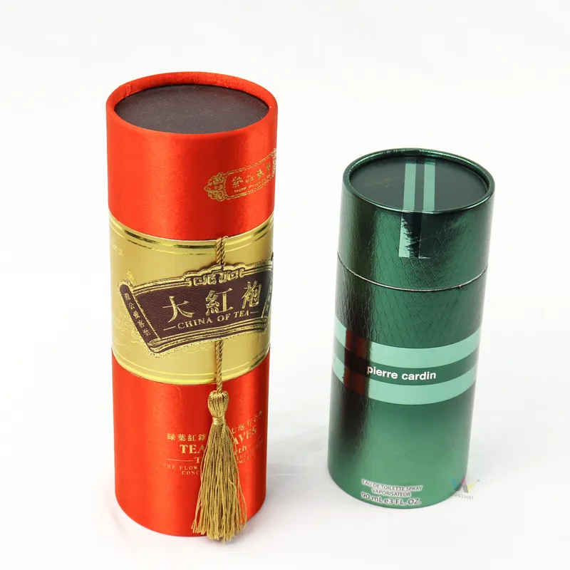 Wholesale custom cylinder tea packaging tube boxes in red satin and green metallic finish