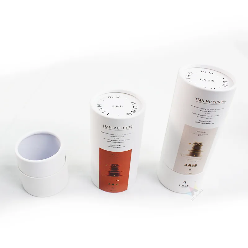 Custom minimalist paper tube tea packaging with separated paper lid, brand printed round tea canister