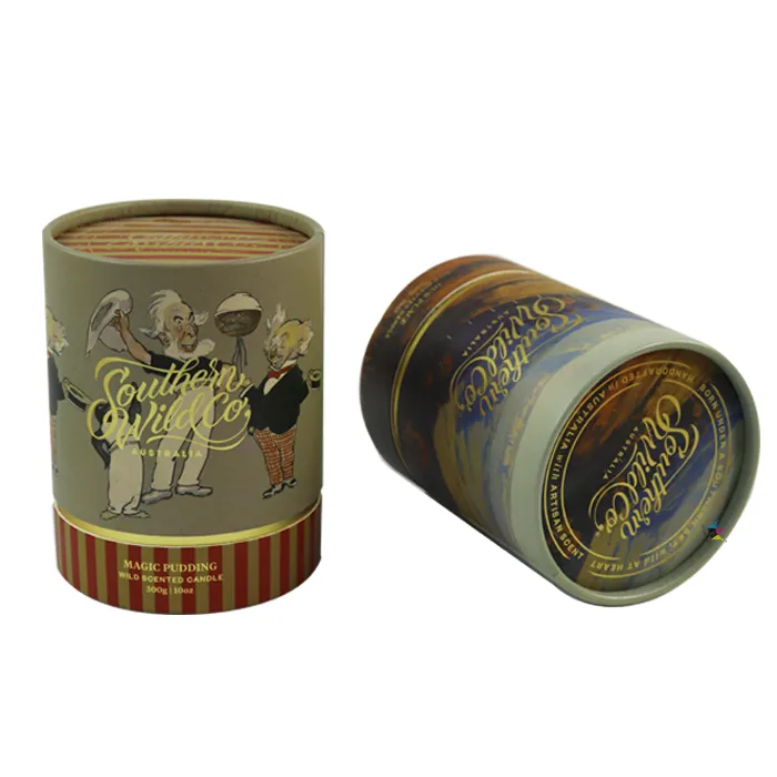 Custom printed paper tube candle boxes, rolled‑over cylinder tube lid detail with vintage artwork and gold foil branding