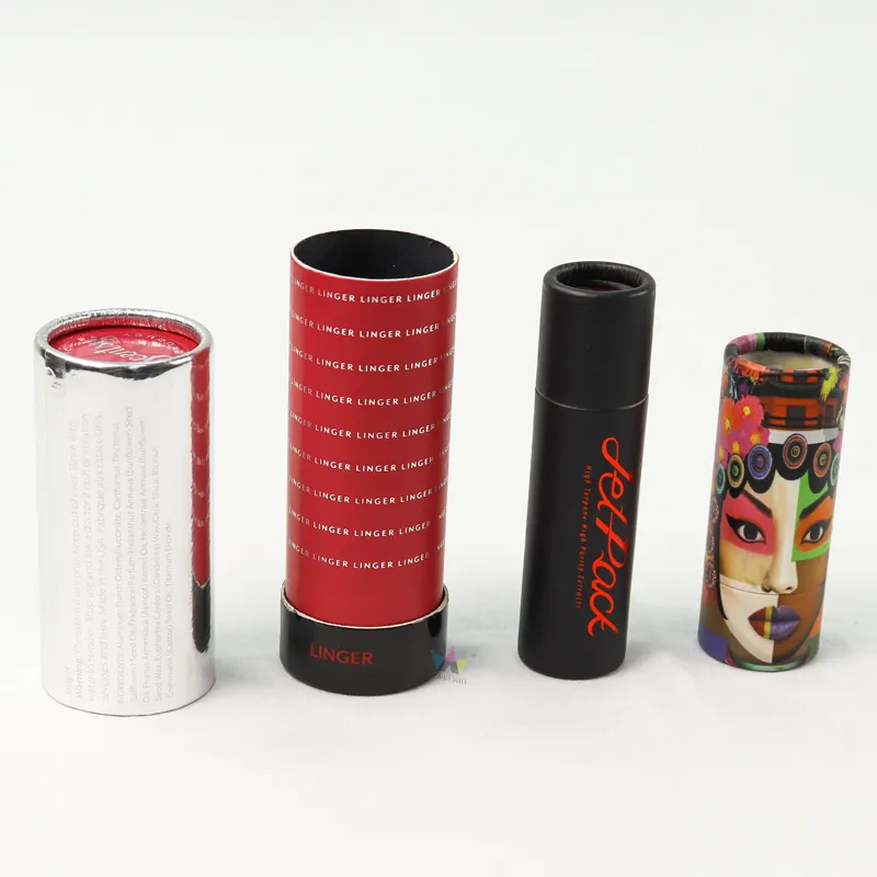 Custom printed paper tube cosmetic boxes, lip balm solid perfume cylinder packaging with full‑color art print