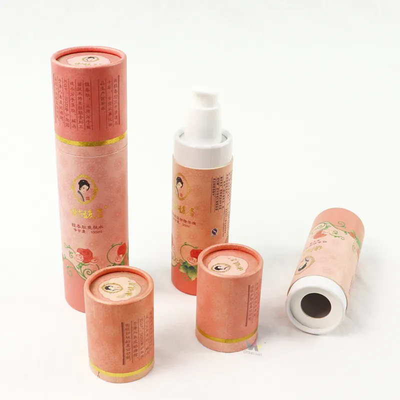 Custom printed paper tube skincare packaging, vintage cylinder paper tubes for toner and serum cosmetic bottles