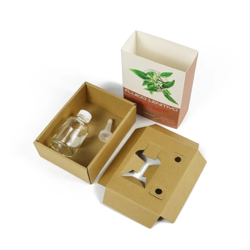 Custom printed essential oil packaging box with botanical plant graphic printing on outer lid, kraft die‑cut insert inside base tray