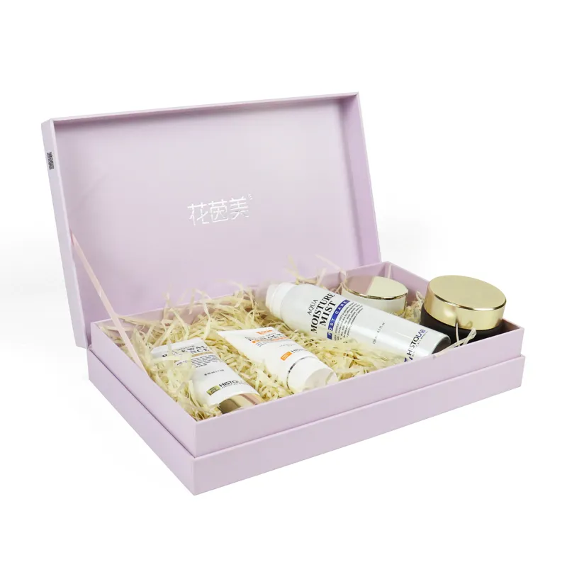 Custom logo magnetic skincare set packaging, lilac rigid gift box with hot stamping brand logo inside lid