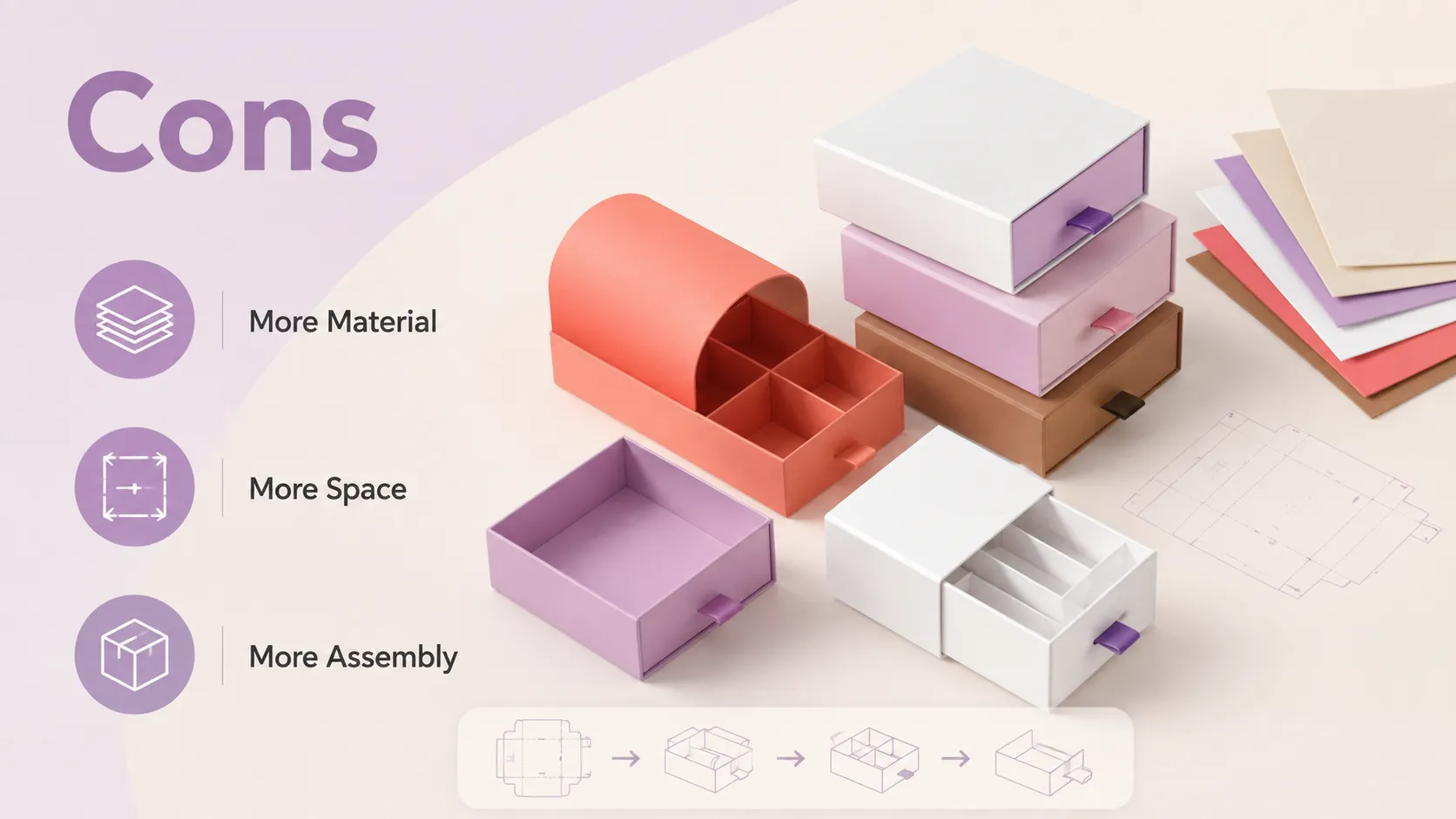 Disadvantages of custom drawer boxes for skincare: more material, space and assembly work