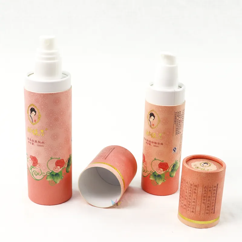 Eco‑friendly cylinder skincare packaging, open paper tube showing hollow inner structure for skincare bottle protection