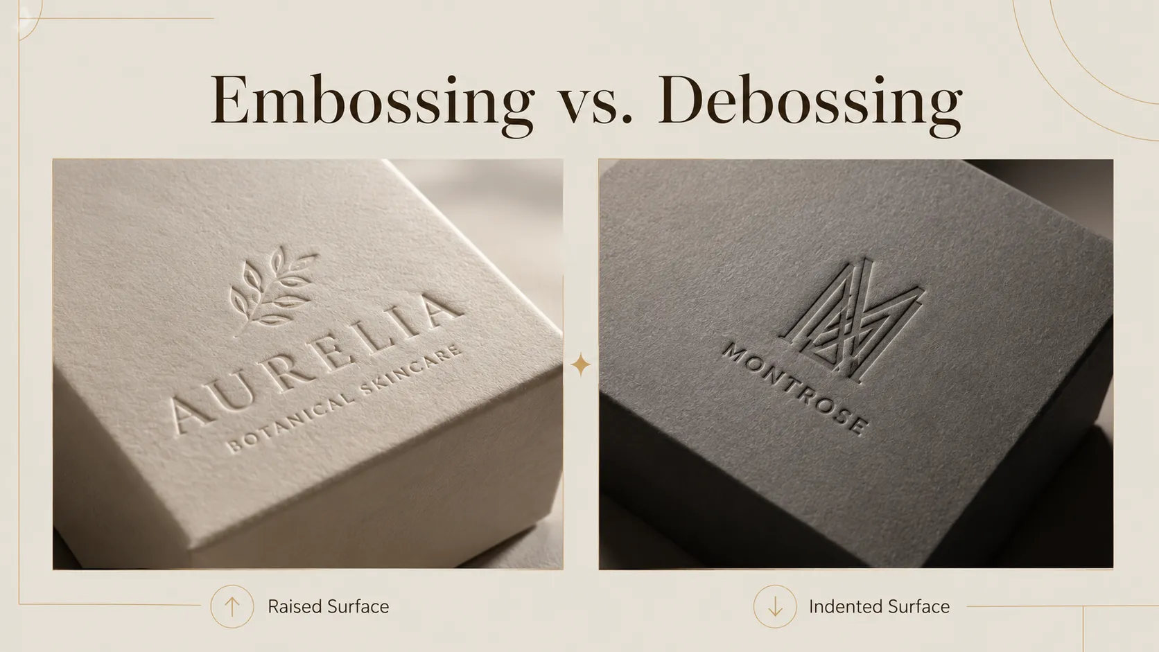 Raised embossing and indented debossing finish on custom skincare paper packaging boxes by Crown Win Box Manufacturer