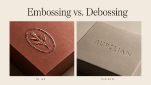 Embossing vs debossing comparison on luxury rigid paper boxes, raised embossed logo and indented debossed branding, Crown Win Box Manufacturer