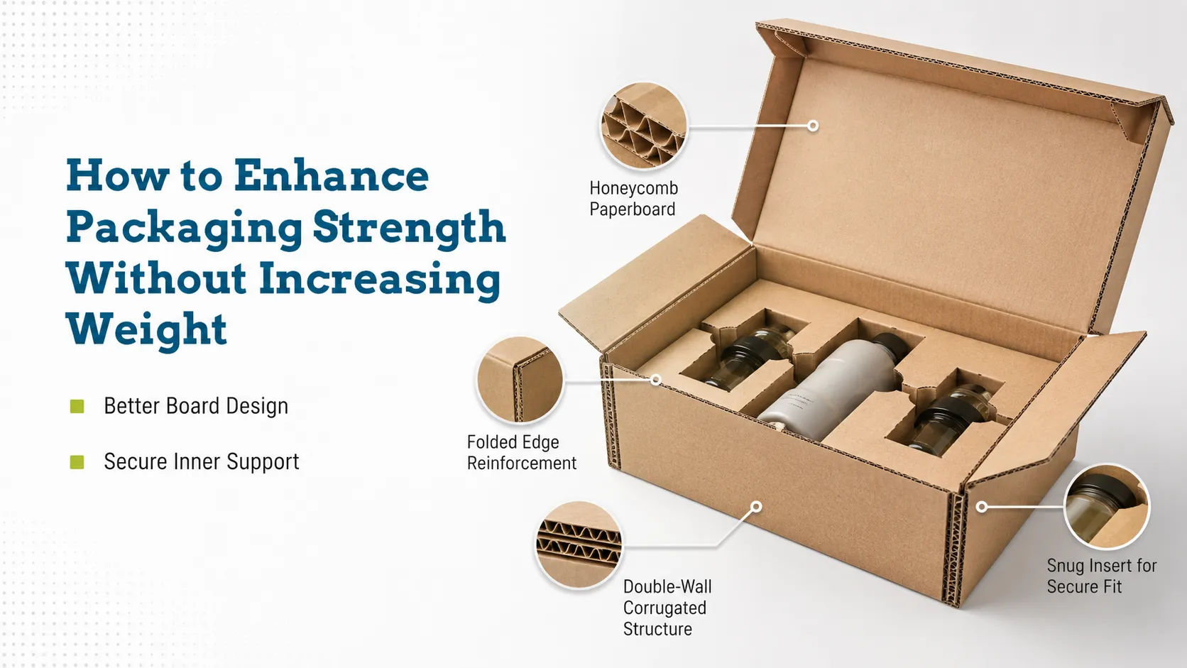 Diagram showing how to boost paper box strength with honeycomb board, folded edge reinforcement and snug inner inserts without extra weight