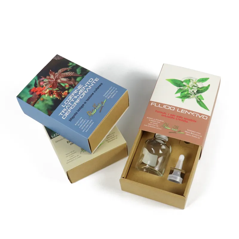 Detail view of die‑cut kraft paper insert inside custom essential oils boxes, separate cavities for glass bottle and dropper accessory