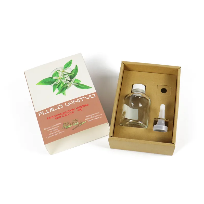 Lid‑base custom essential oil bottle packaging box, showing glass oil bottle and dropper placed inside die‑cut paper insert