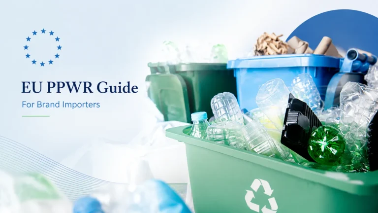 EU PPWR guide blog banner for brand importers, EU flag and recycling waste bins for packaging‑waste‑regulation