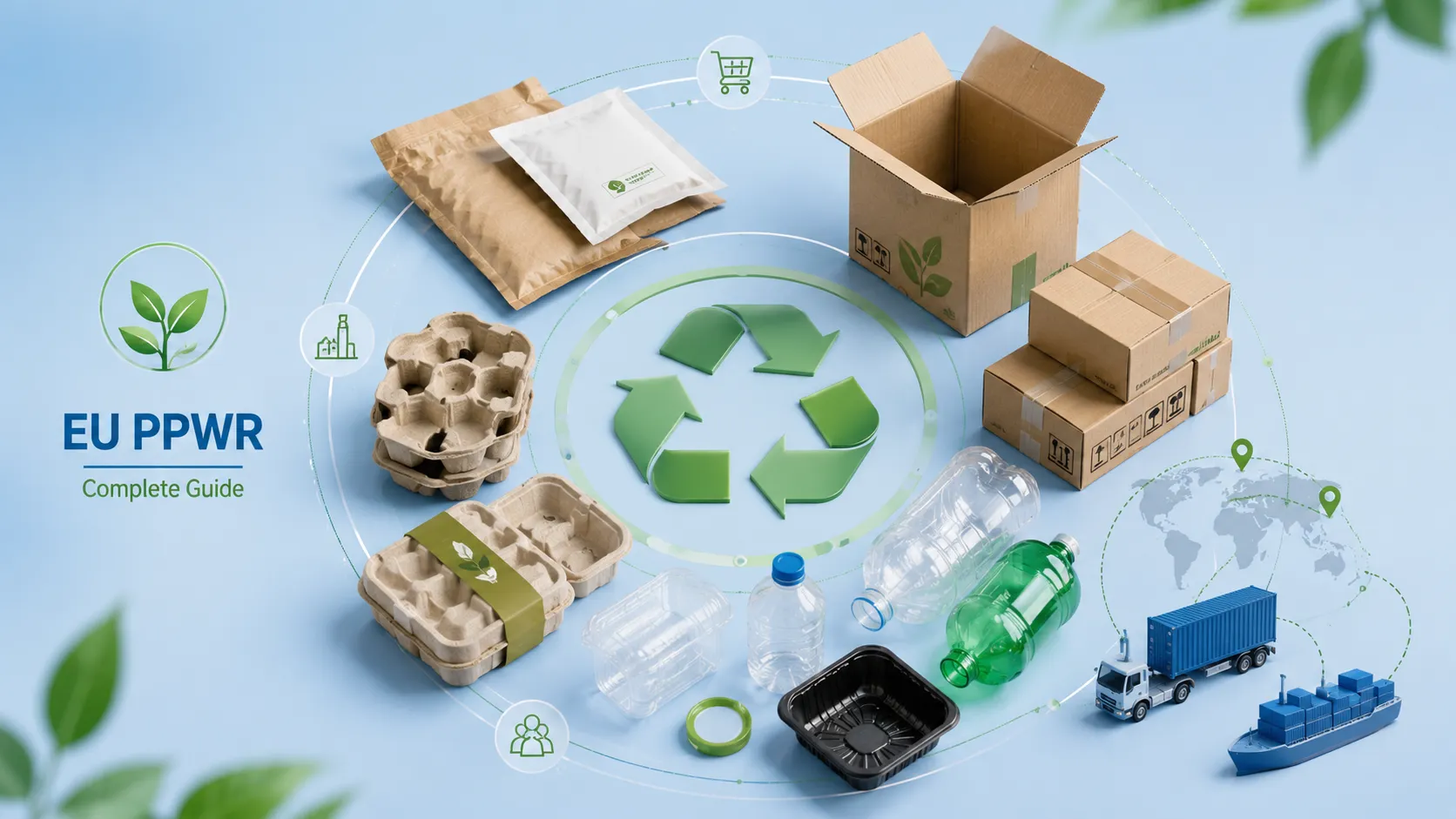 EU PPWR complete guide visual, variety of recyclable custom paper packaging for EU exporters circular supply chain