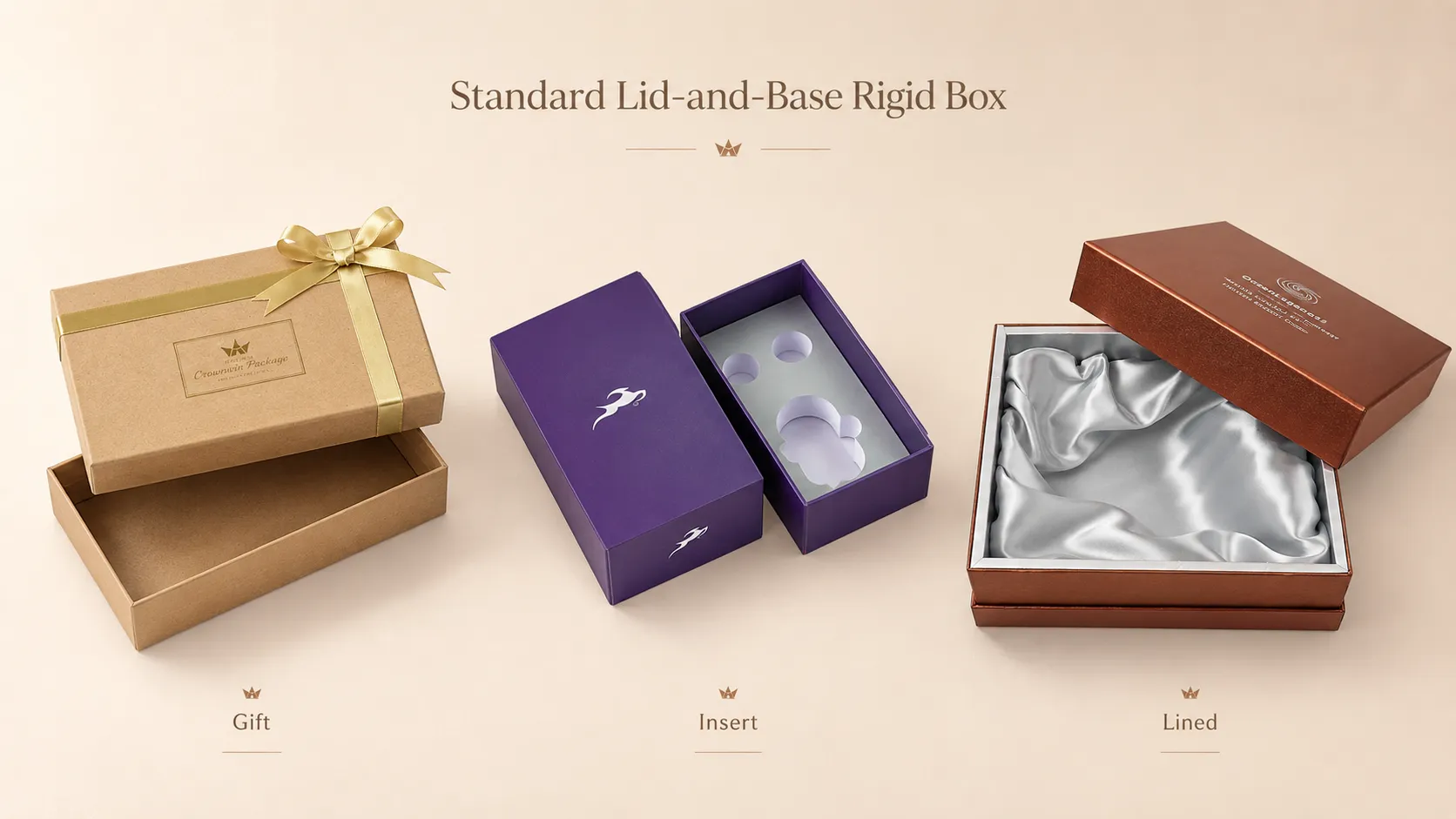Three variant samples of lid‑and‑base rigid box: gift box with ribbon, box with custom insert, satin lined rigid box, custom luxury packaging by Crown Win Box Manufacturer