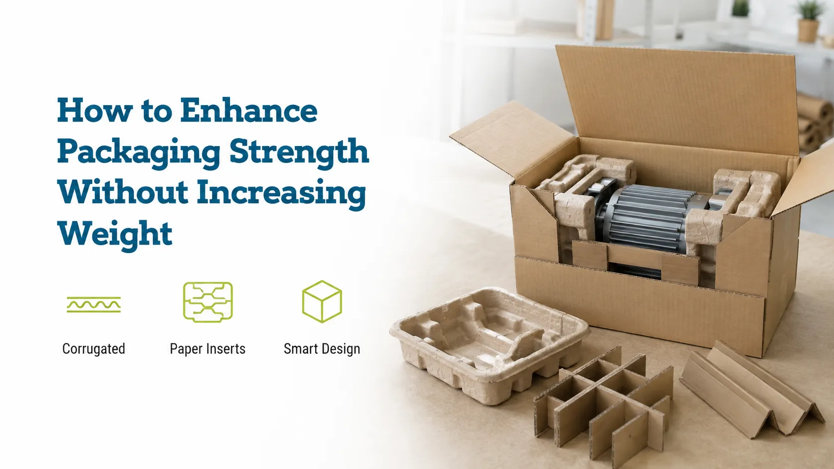 Lightweight sturdy custom packaging with corrugated board, molded paper inserts and smart structural design