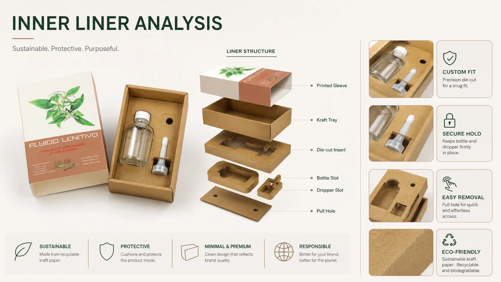 Inner liner analysis for custom essential oils boxes, sustainable kraft die‑cut insert with bottle slot, dropper slot and pull hole for glass essential oil dropper bottle packaging