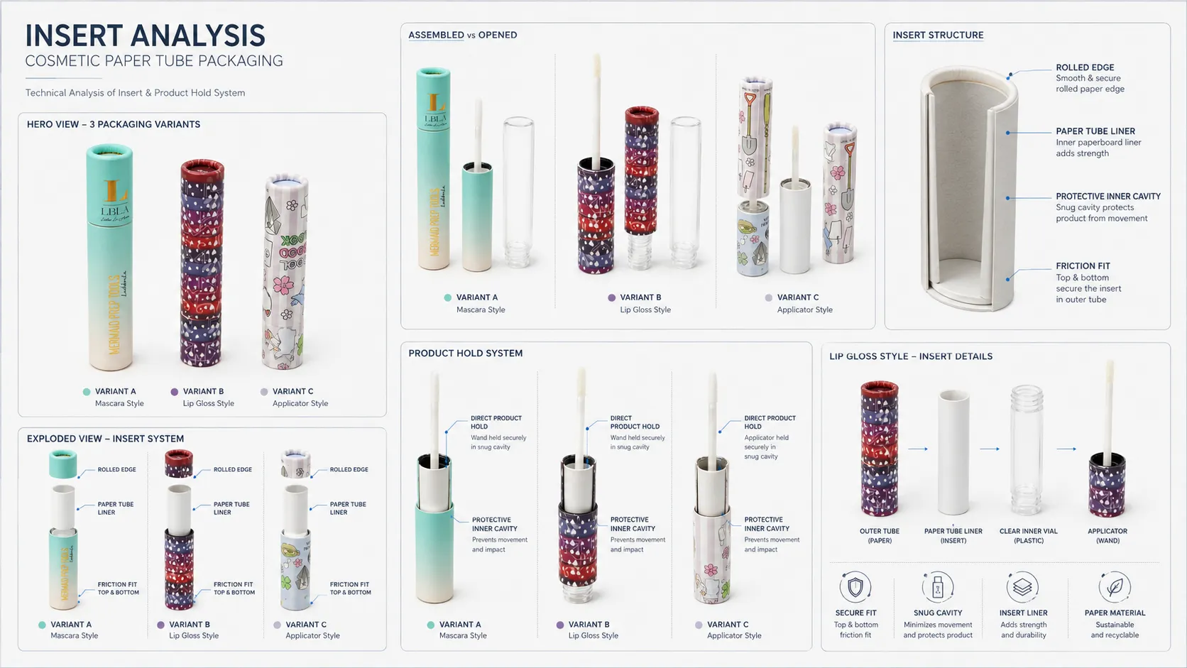 Insert analysis of cosmetic paper tube packaging, paper liner structure, snug protective cavity and friction fit insert system for lip gloss and mascara cosmetic boxes