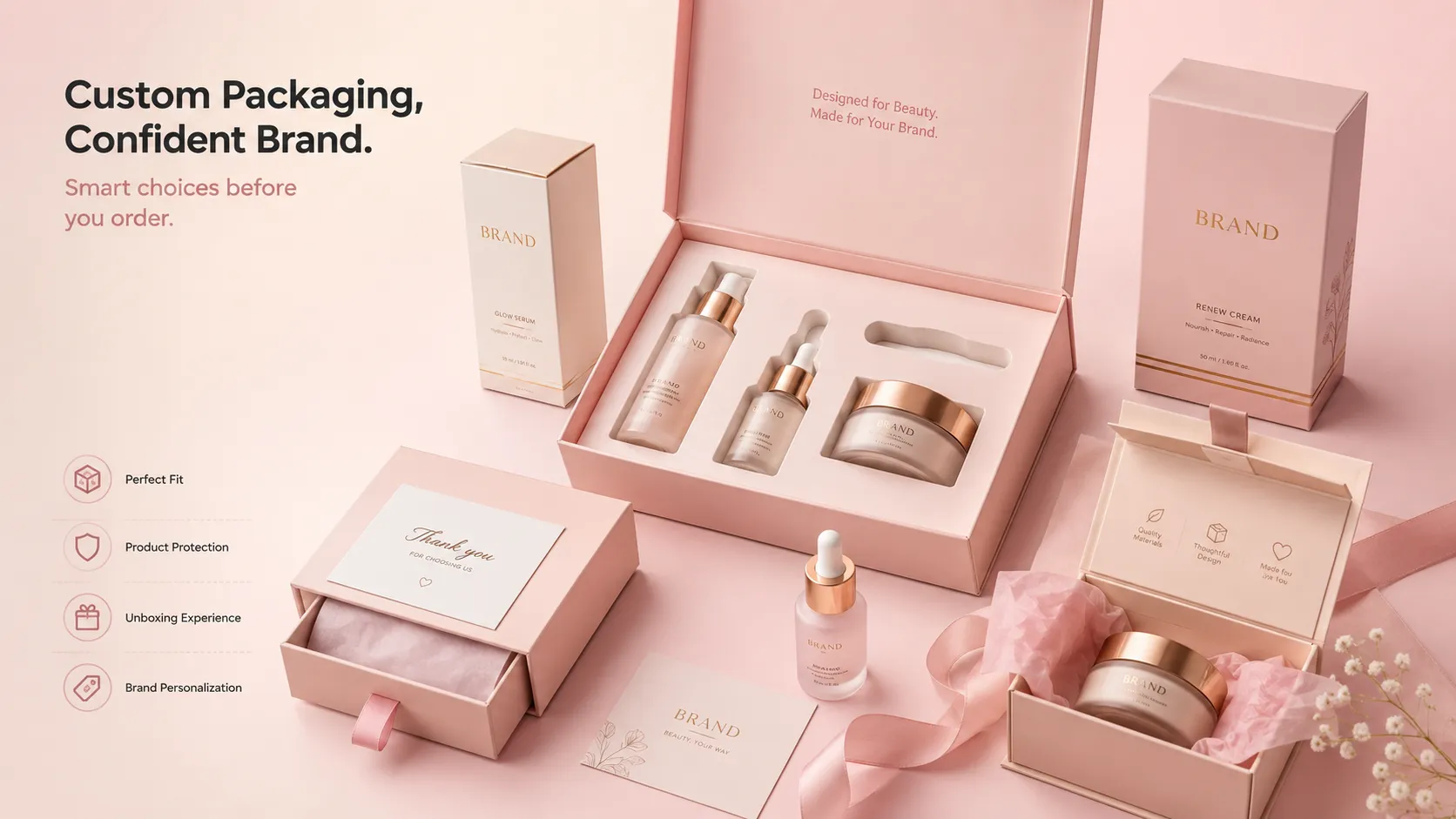 Luxury custom cosmetic boxes set with rigid gift boxes and paper inserts for beauty brands by Crown Win Packaging