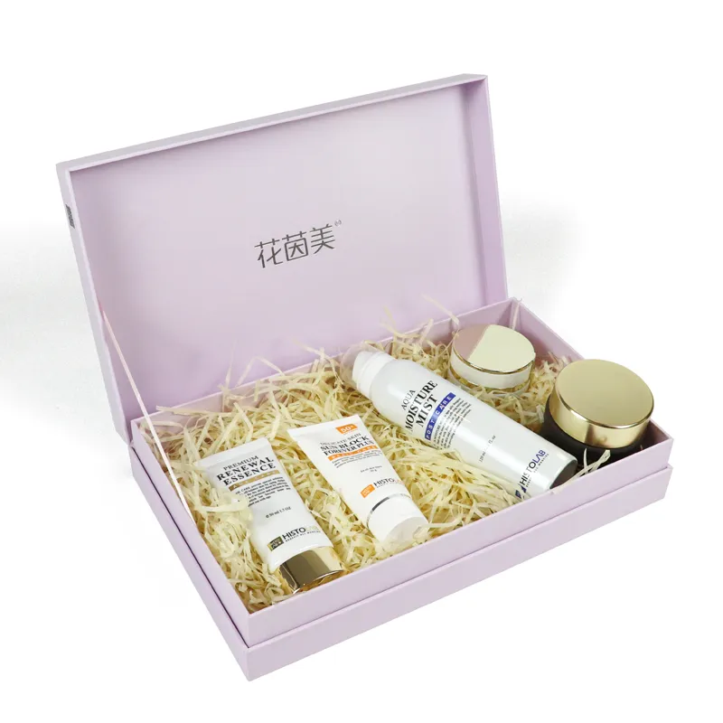Luxury custom rigid skincare packaging gift box, open magnetic hard box filled with shredded paper for full skincare set