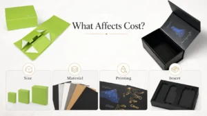 Magnetic closure boxes blog banner showing green rigid gift box and folded flat structure, advantages costs and use cases guide