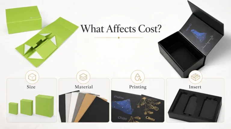 Magnetic closure boxes blog banner showing green rigid gift box and folded flat structure, advantages costs and use cases guide