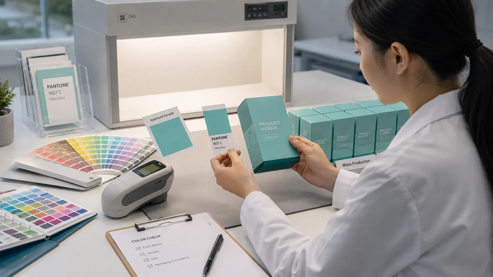 Crown Win Packaging QC technician compares mass‑production boxes against approved sample for color consistency