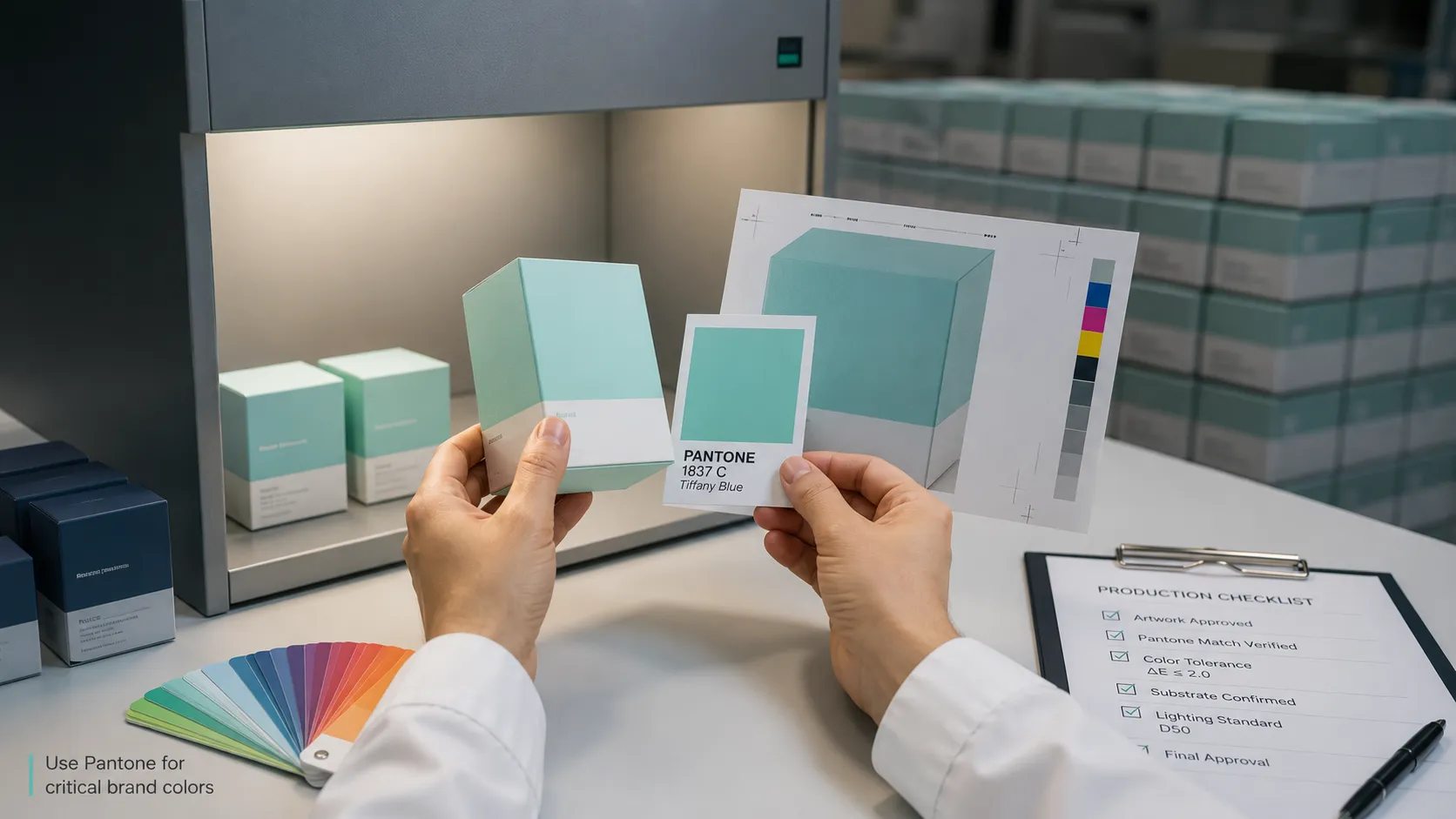 Inspector compares custom packaging box sample against Pantone swatch under light booth for consistent bulk‑order printing color