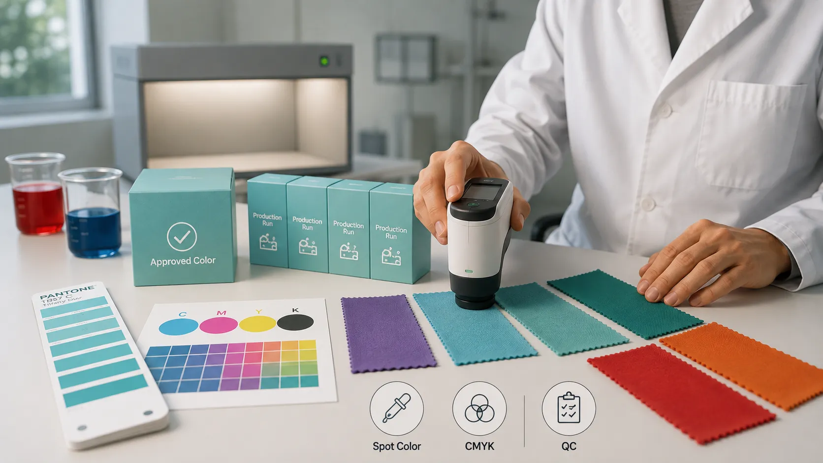 Spectrophotometer color measurement for custom paper boxes, spot color CMYK QC to eliminate sample‑to‑bulk color deviation