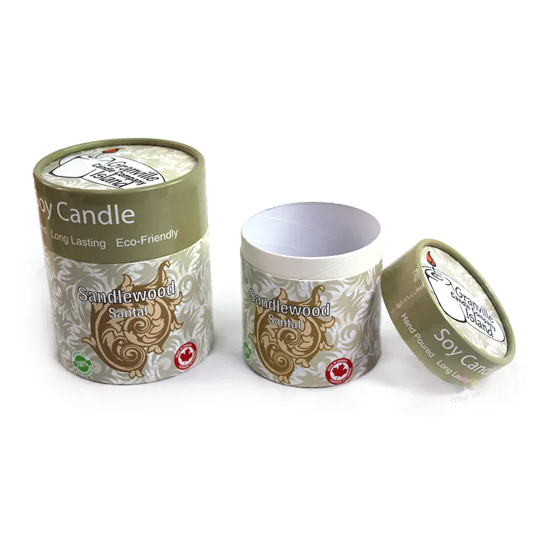 Eco‑friendly custom paper tube candle boxes with lid open, showing inner paper lining for soy candle jars