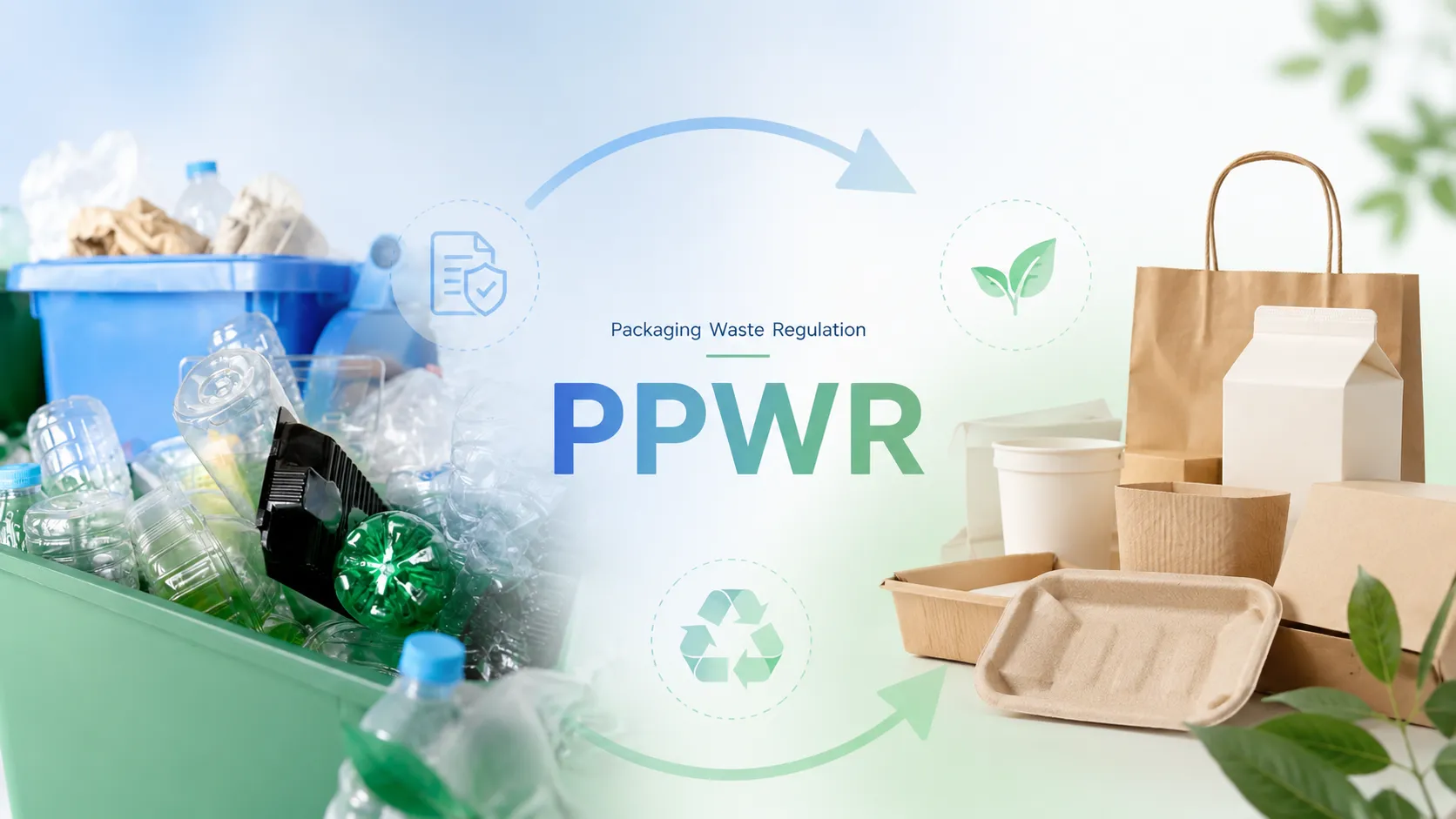 PPWR Packaging and Packaging Waste Regulation infographic, circular‑economy concept with recyclable custom paper packaging samples