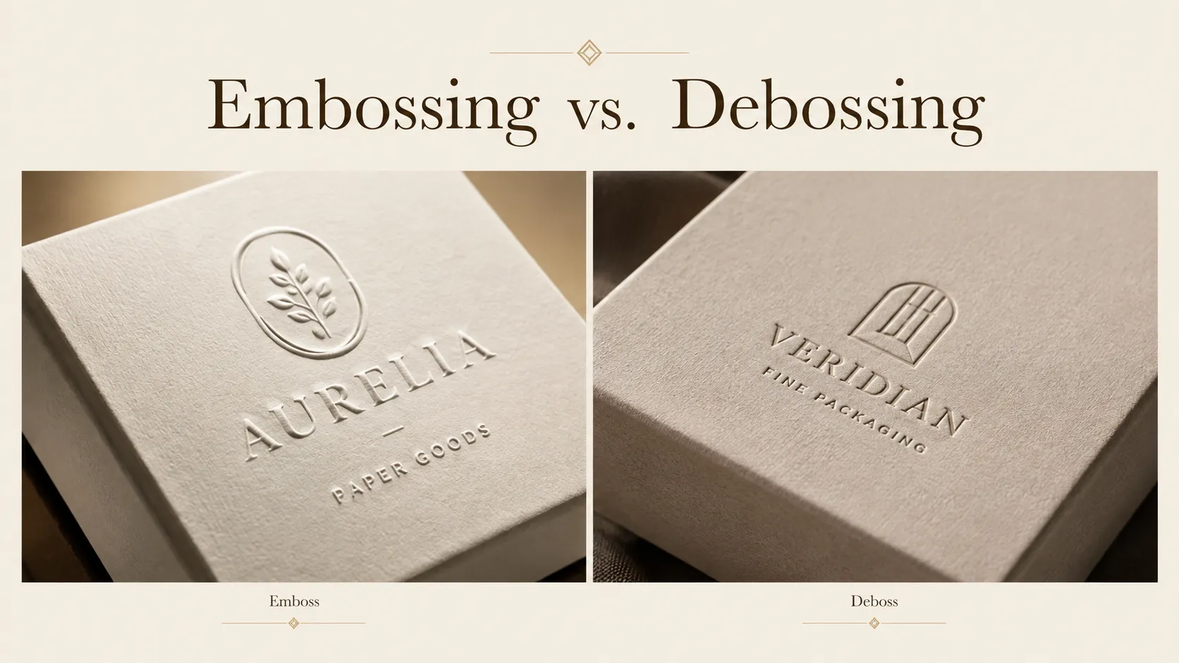 Premium emboss and deboss branding effect on textured rigid gift boxes, custom paper packaging from Crown Win Manufacturer