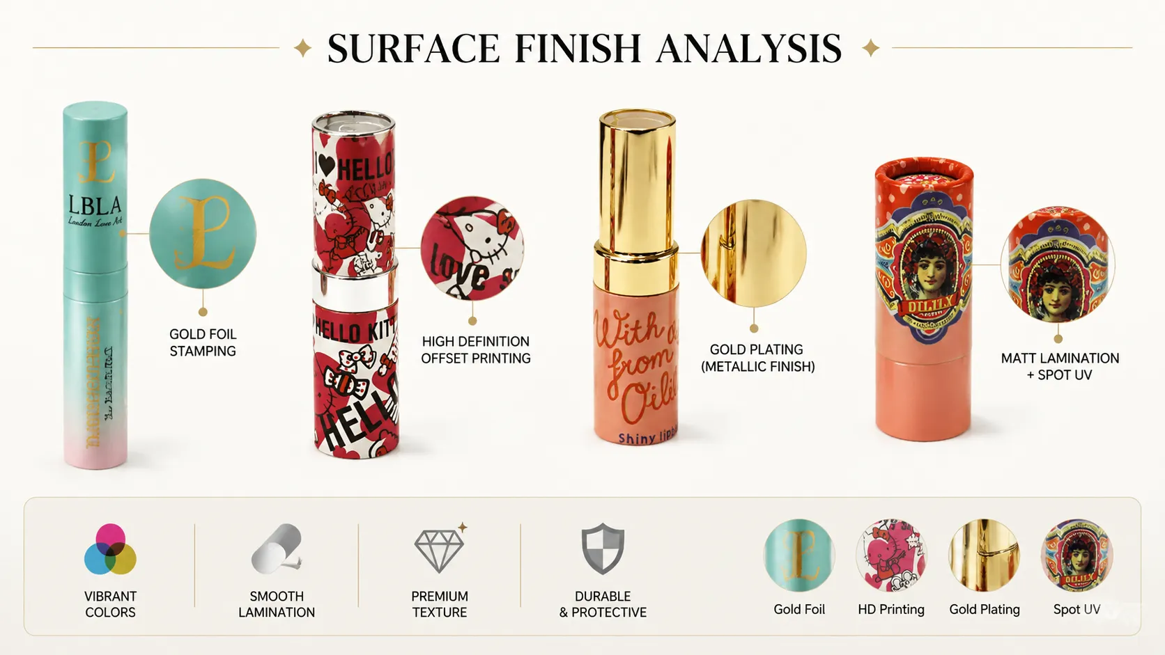 Surface finish analysis of custom lipstick paper tube cosmetic boxes, featuring gold foil stamping, HD offset printing, matte lamination and spot UV craft for cylindrical cosmetic packaging