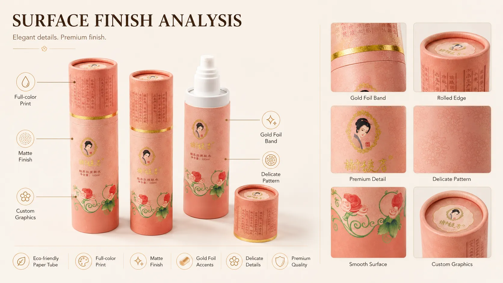 Our custom skincare paper‑tube packaging adopts multiple premium surface finishes to upgrade your brand presentation. It features vibrant full‑color print to reproduce custom graphics, vintage floral patterns and brand artwork with rich color layering. The soft matte finish delivers a smooth, non‑glare tactile surface, resisting fingerprints for daily retail display.Decorative gold foil band adds eye‑catching metallic accents for high‑end branding. Precise rolled‑edge craftsmanship keeps tube rims neat and scratch‑free. Every delicate pattern and custom graphic is tightly registered on eco‑friendly rigid paper tube. All surface treatments balance elegant visual effect and practical durability for skincare retail and gift scenarios.