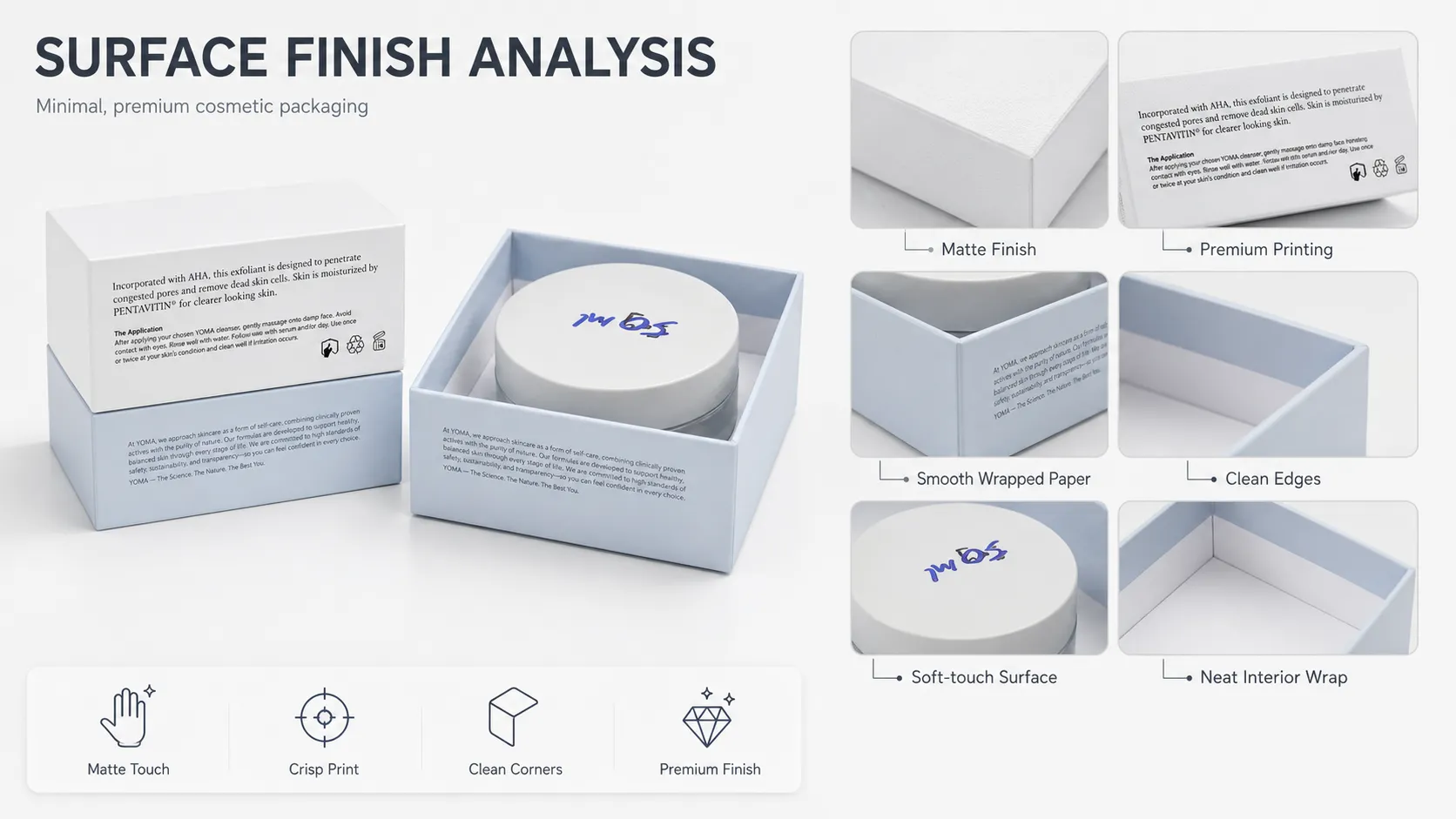 Minimalist rigid skincare packaging surface finish analysis showing matte finish crisp printing clean edges neat interior wrap for cream jar cosmetic box