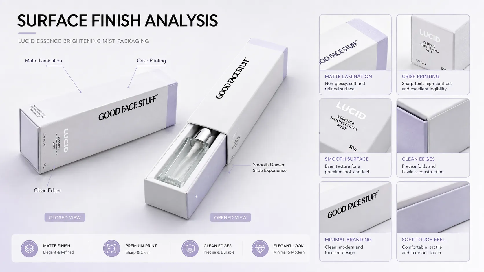 Surface finish analysis for sliding‑drawer rigid skincare packaging box, matte lamination crisp printing clean edges smooth drawer slide for essence brightening mist bottle
