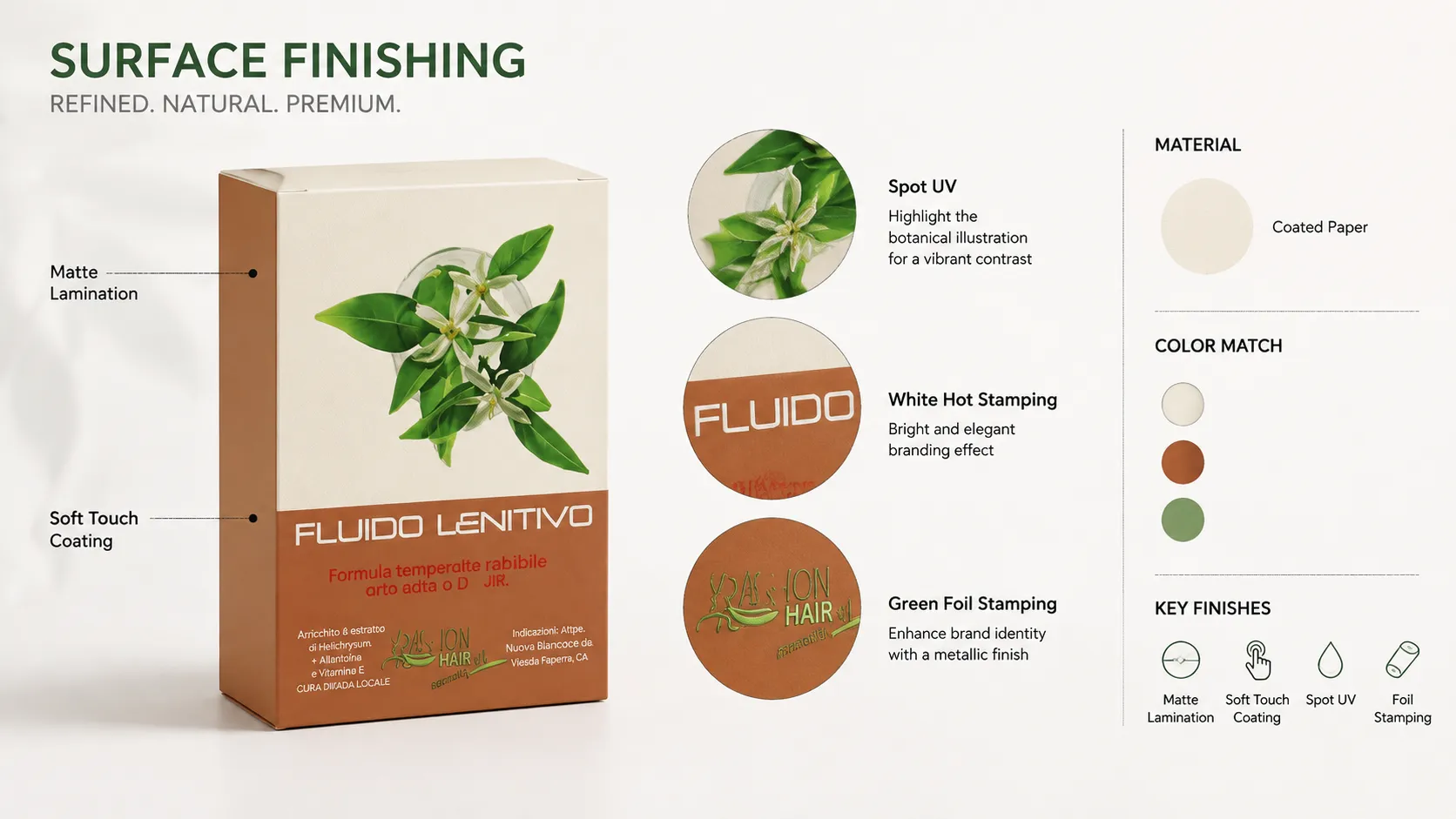 This custom essential oils boxes applies multi‑premium surface finishing: matte lamination combined with soft‑touch coating, paired with spot UV, white hot stamping and green foil stamping. Coated paper substrate delivers natural, refined and premium visual & tactile experience for botanical‑style aromatherapy packaging.