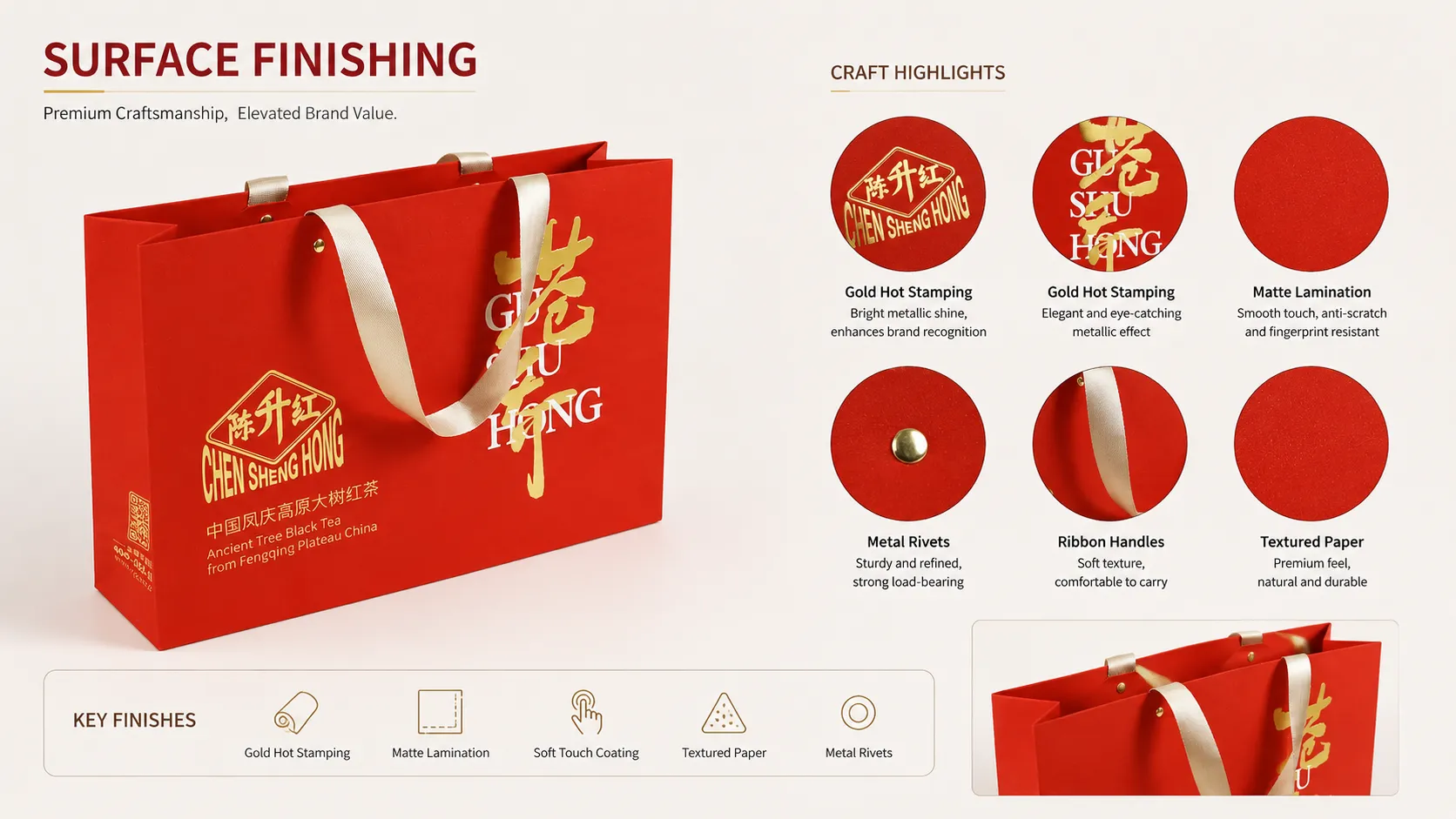 Custom luxury tea packaging gift bag surface finishing craft highlights chart, gold hot stamping, textured paper, metal rivets