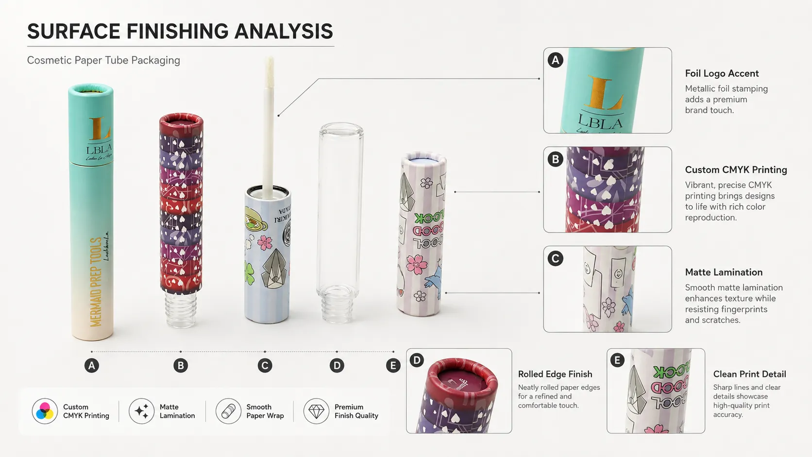 Surface finishing analysis of custom cosmetic paper tube packaging, CMYK printing, matte lamination, foil stamping and rolled edge craft for lip gloss tube cosmetic boxes
