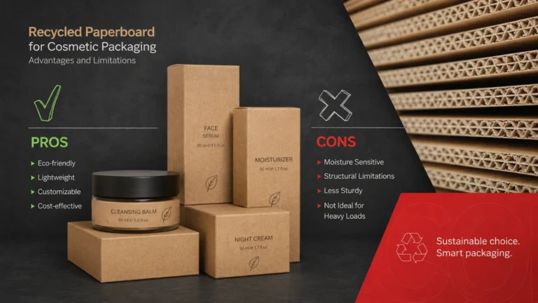 Vor- und Nachteile von Kosmetikverpackungen aus Recyclingkarton mit Proben von Hautpflege-Tiegeln und Serumverpackungen