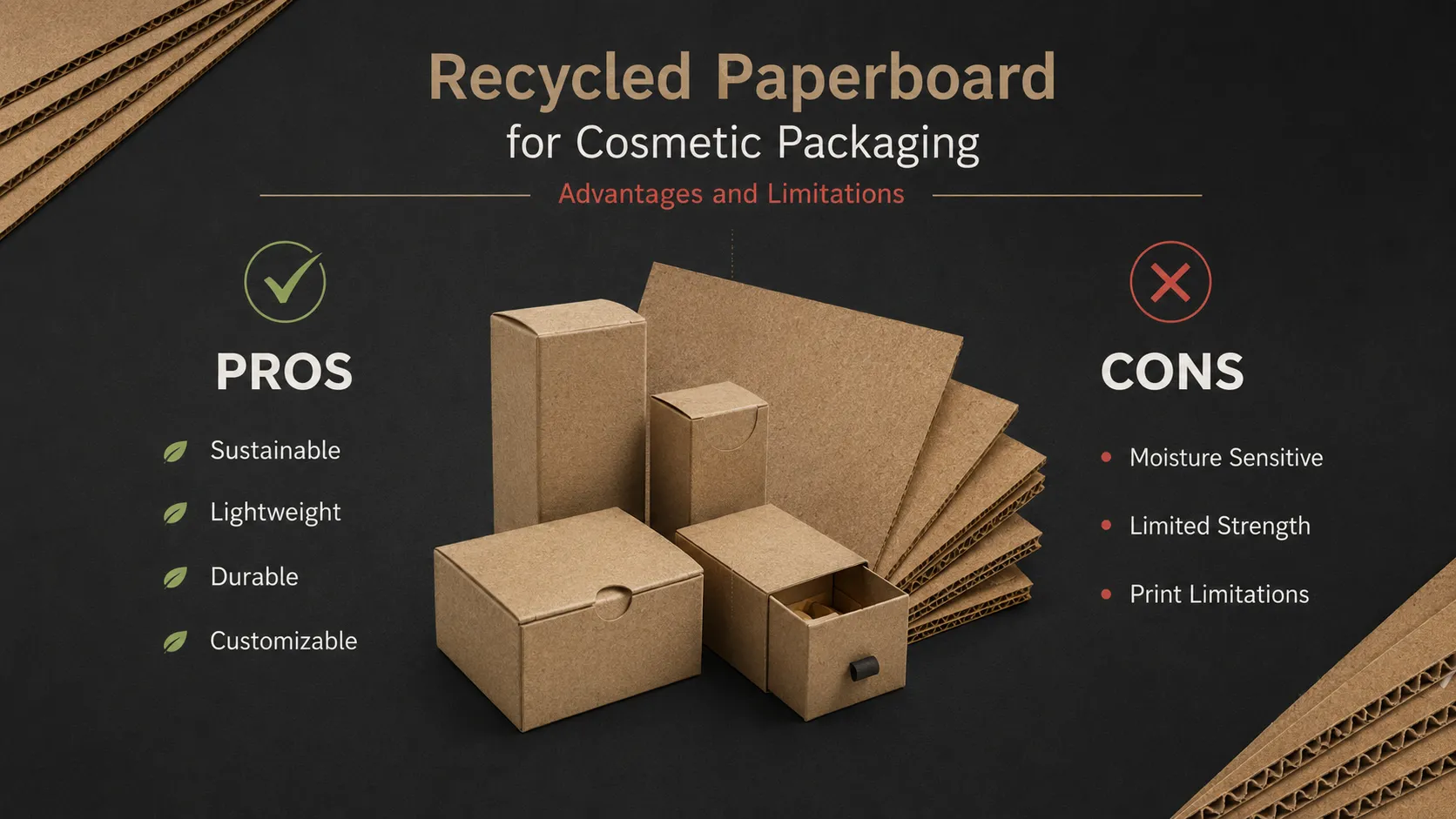 Infographic of pros and cons for recycled paperboard custom cosmetic boxes, sustainable beauty packaging