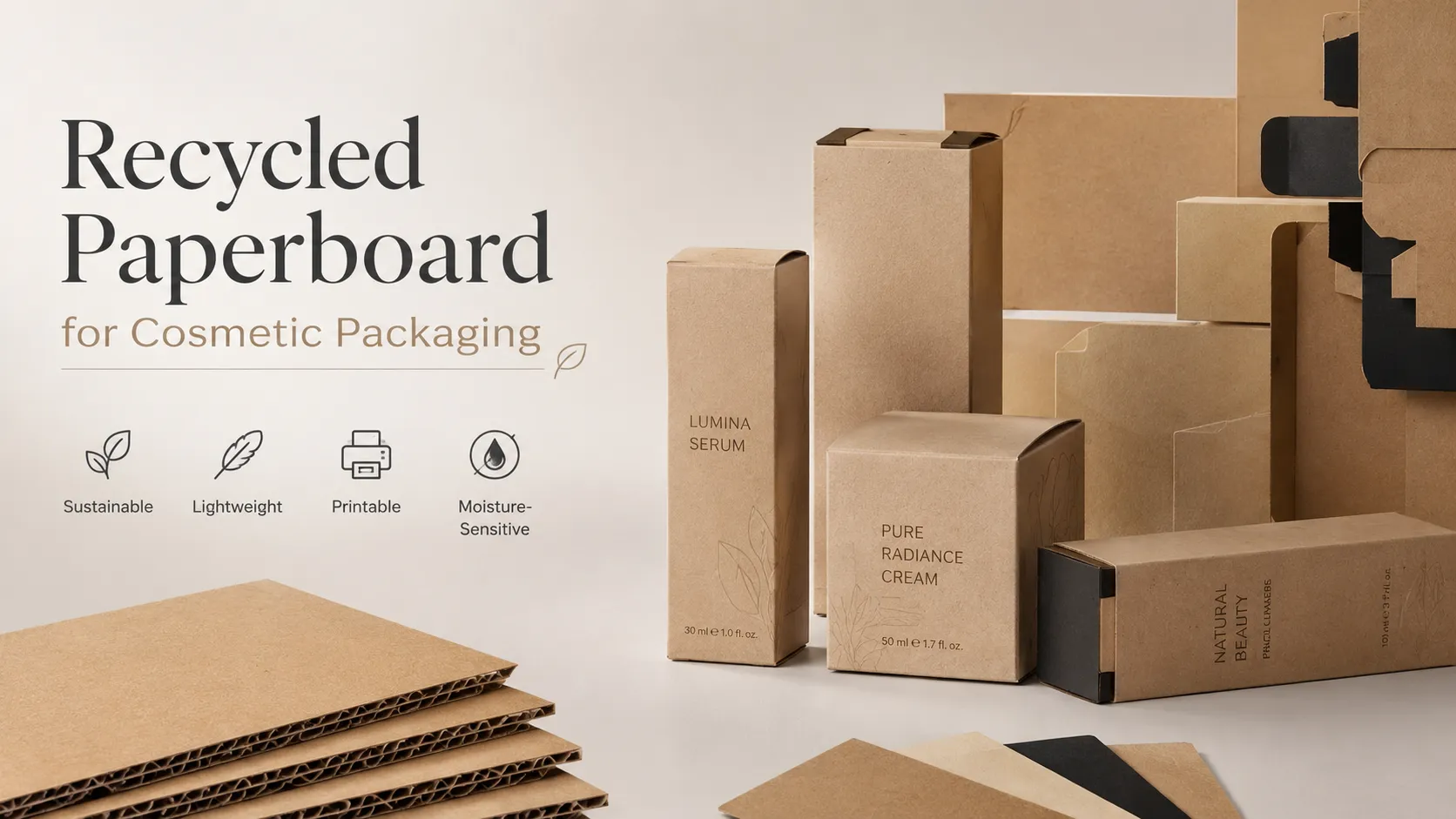 Recycled paperboard sheets and finished custom cosmetic boxes showing sustainable packaging features