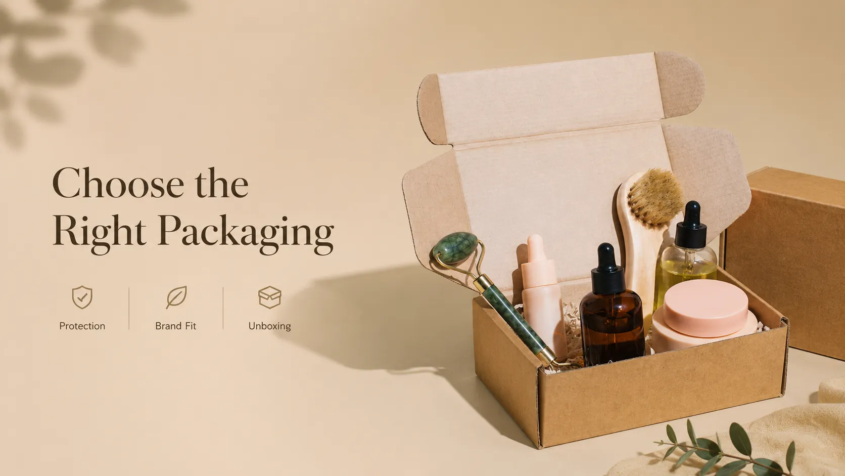 Custom kraft mailer packaging box filled with serum, cream and beauty tools, ideal packaging solution for startup skincare brands