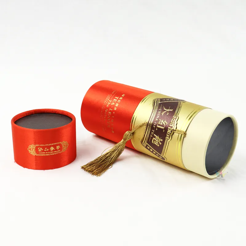 Premium satin fabric wrapped cylinder tea packaging tube box for premium loose‑leaf tea