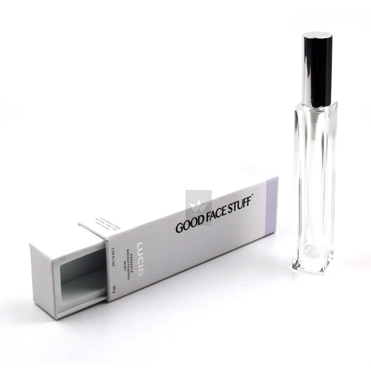Side profile of custom printed sliding‑drawer rigid skincare packaging box for facial mist spray bottle