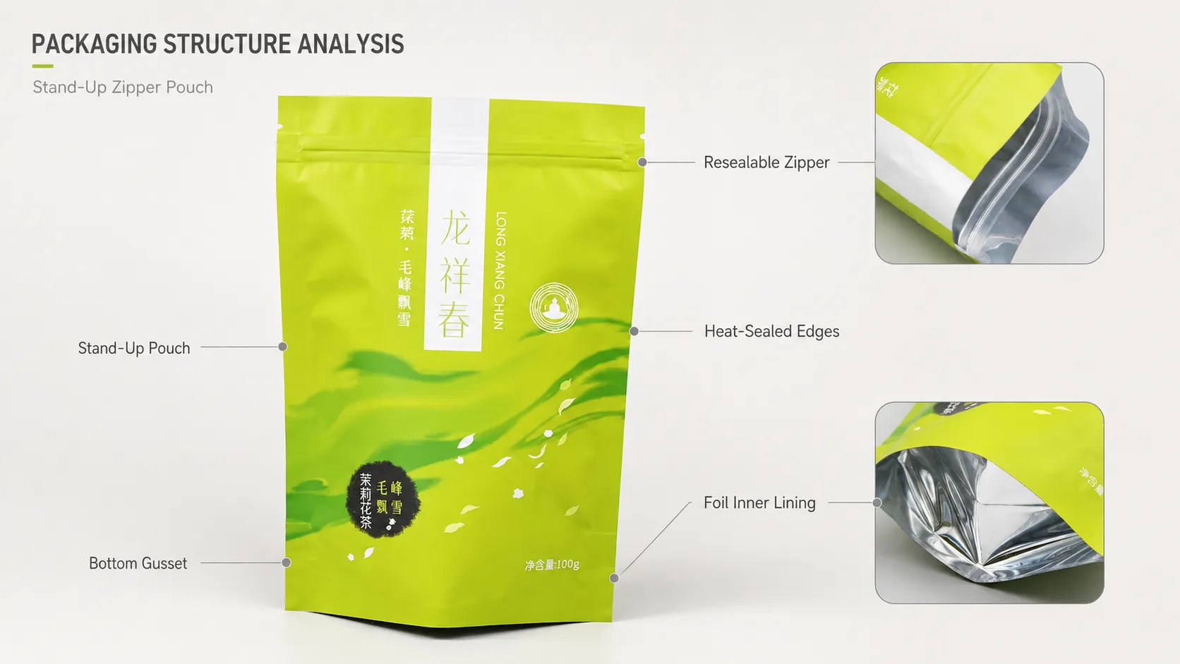 Custom Tea Packaging Resealable Aluminum Foil Stand‑Up Pouch Bags for Loose Leaf Tea-structure