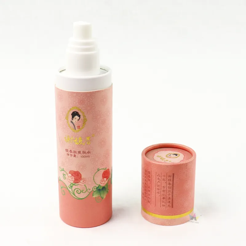 Custom vintage printed paper tube skincare packaging, single cylinder paper box for skincare toner bottle