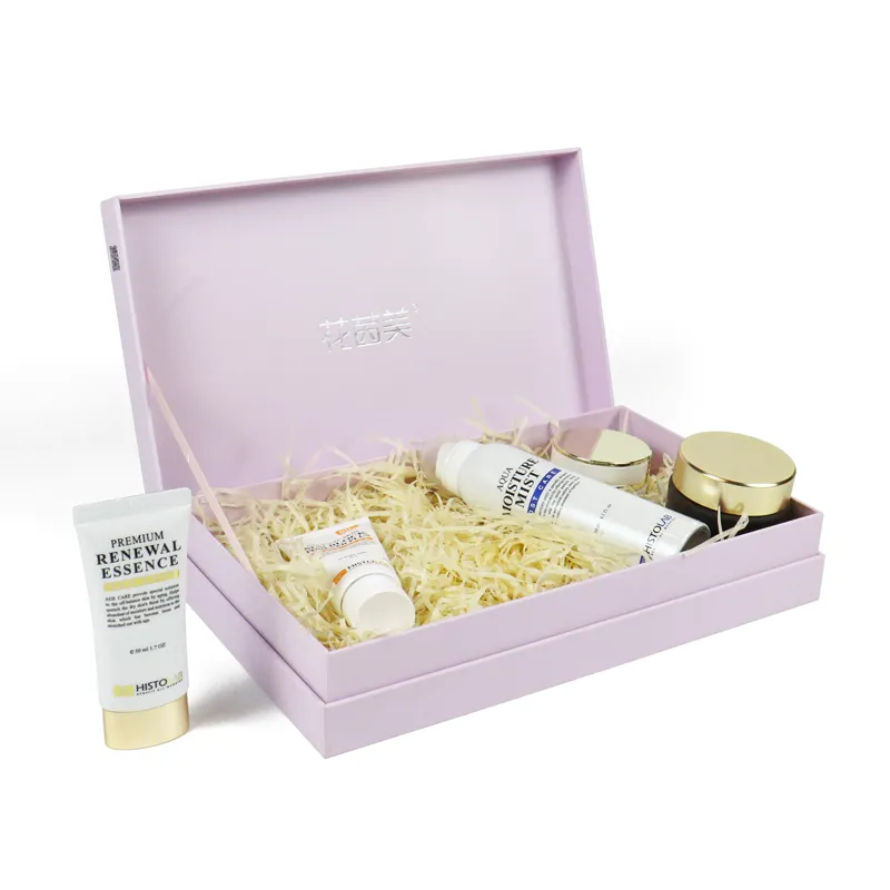 Wholesale luxury skincare packaging rigid gift box, displaying assorted skincare cosmetic products inside magnetic box