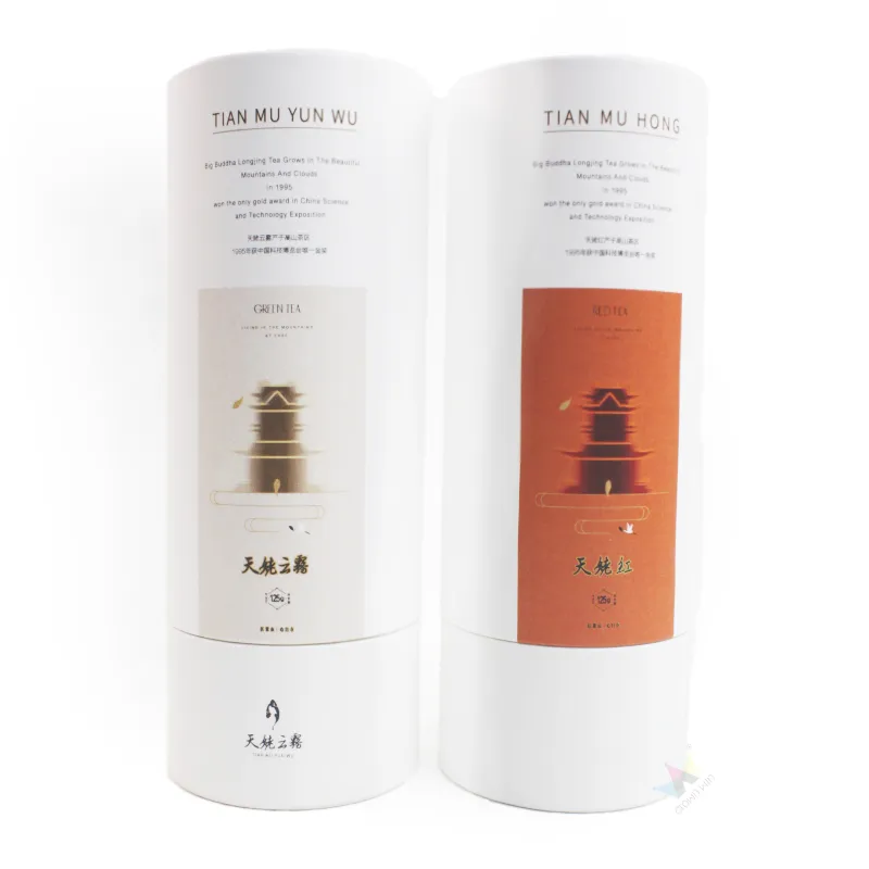 Custom minimalist paper tube tea packaging with separated paper lid, brand printed round tea canister