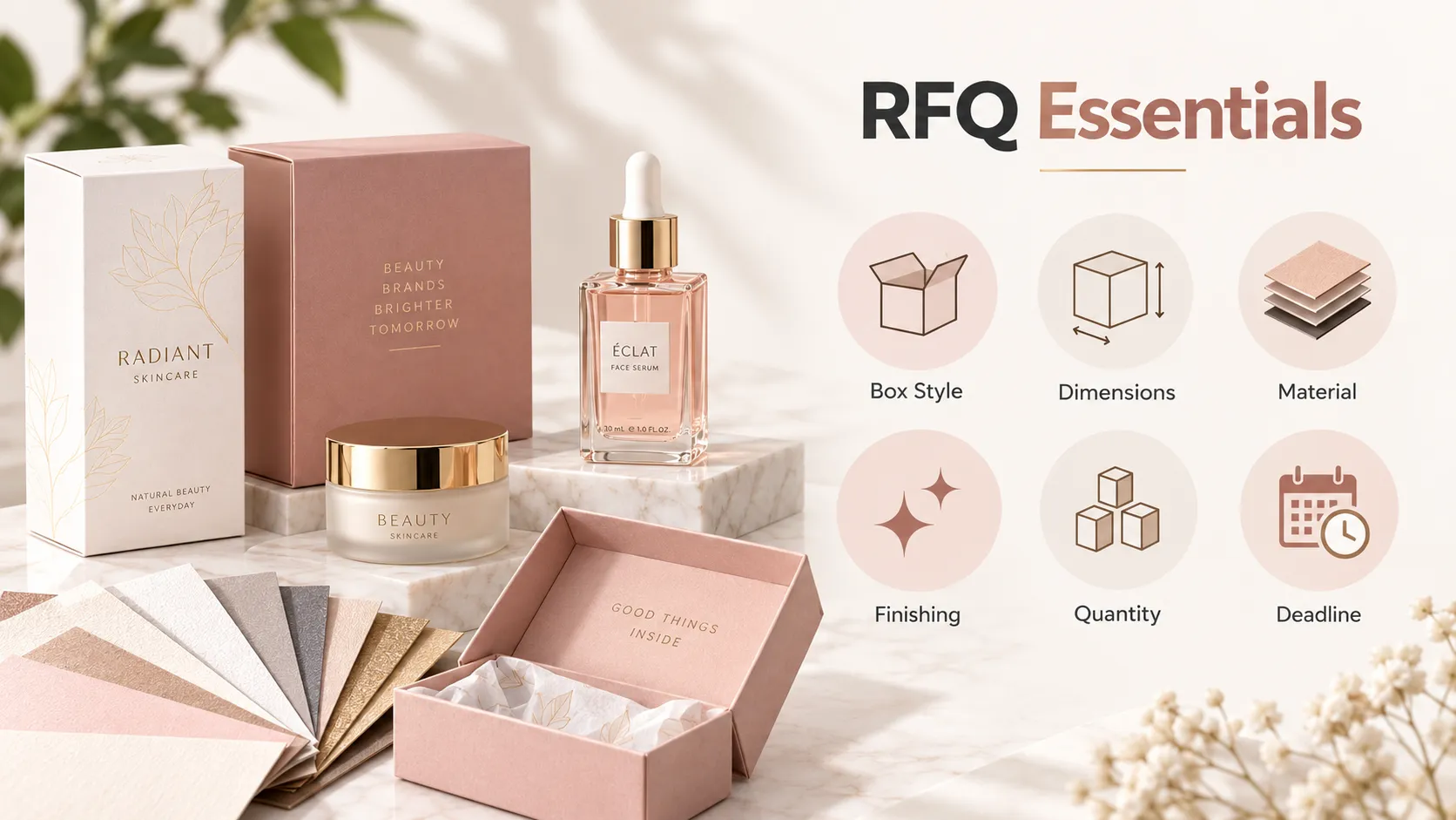 RFQ essentials infographic showing box style, dimensions, material for custom cosmetic paper packaging for beauty brand sourcing