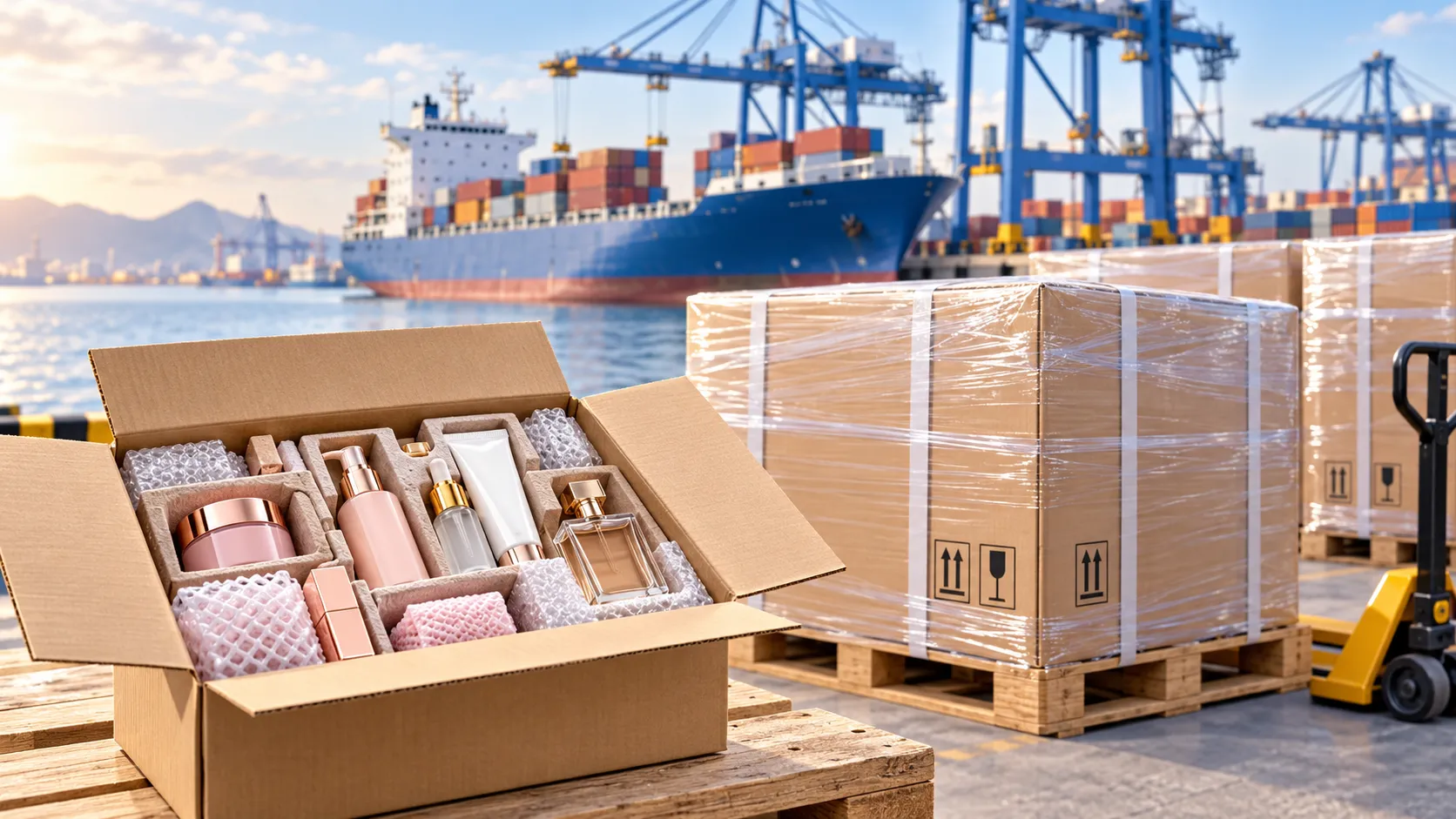 Bulk custom cosmetic packaging cartons on pallets ready for container loading and sea freight shipping